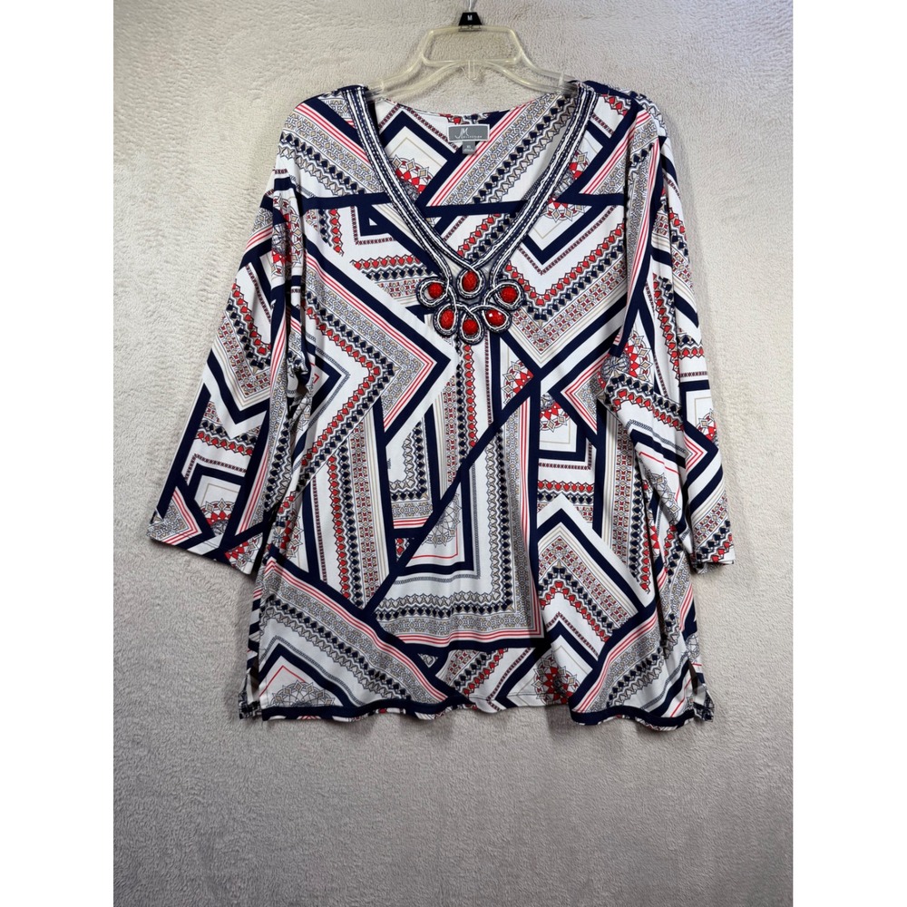 JM Collection Blouse Women XL White Geometric Beaded V-Neck 3/4 Sleeve Top